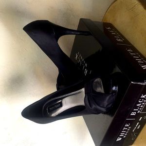 Black Satin Peep Toe Heels, Size 6.5